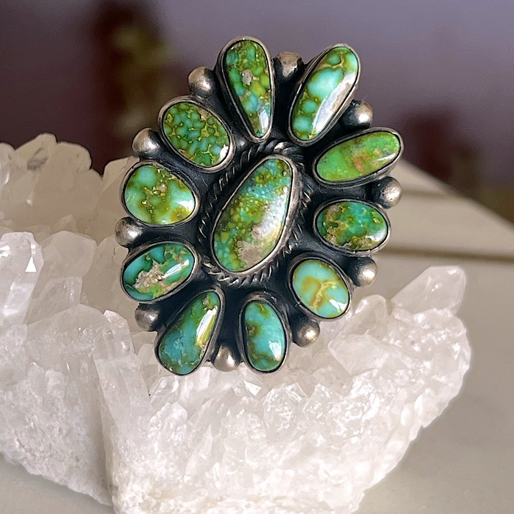 Navajo Sterling Silver Sonoran Gold Turquoise Cluster Ring- size 5